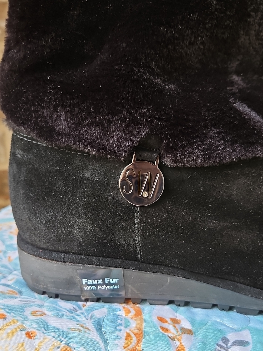 NWOT! Stuart Weitzman Black Suede Slouch Boots with Cozy Fleece Lining - Picture 3 of 5